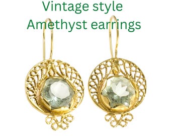 Handgefertigte Gold Grün Amethyst Hängeohrringe: Vintage Filigran Jugendstil