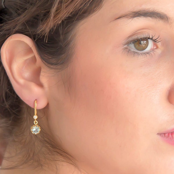 14k Solid Gold Tiny Dangle Earrings, Blue Topaz December Birthstone Drop Earrings for Her.