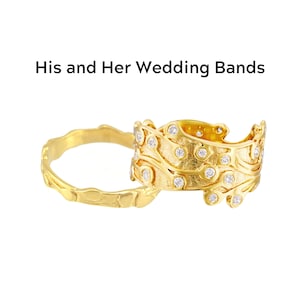 Gold Wedding Rings Set, His and Hers Gold and Diamonds Wedding Bands, Bridal and Groom Matching Rings.