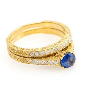 Unique Sapphire and Diamonds Wedding Rings Set, 14K / 18K Gold Engagement Rings, Vintage Bridal Rings Set, Promise Ring For Her