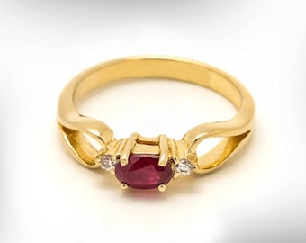 Art Deco 18k Gold Ruby Diamond Ring, Vintage Solitaire Promise Ring