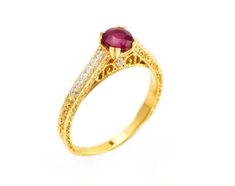 14k Gold Diamond Ruby Engagement Ring, Vintage Filigree Promise Ring