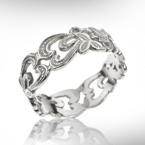 14k White Gold Mens Wedding Band, Vintage Floral Ring image 1