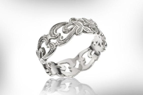 14k White Gold Mens Wedding Band, Vintage Floral Ring