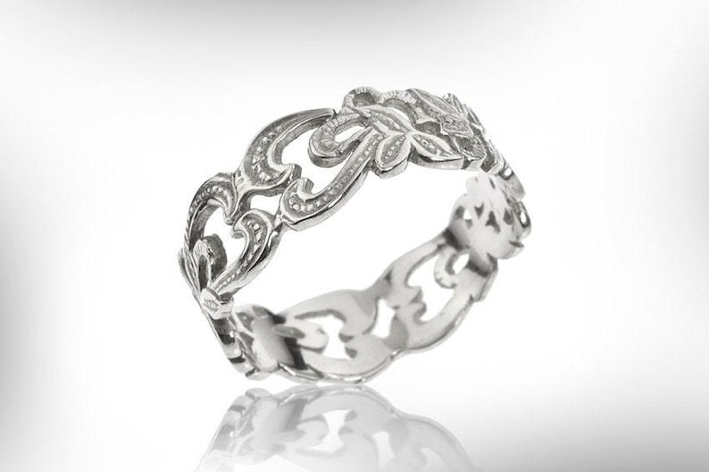 14k White Gold Mens Wedding Band, Vintage Floral Ring image 1