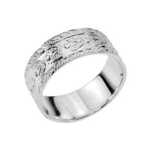White Gold Man Wedding Band , Unique wedding Band men, Leaves engraved wedding band men, Nature wedding band, Custom Wedding Band