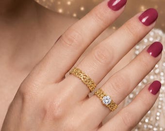 Handgefertigtes Jugendstil Gold Braut Set, Moissnaite Antragsring, Ehering.