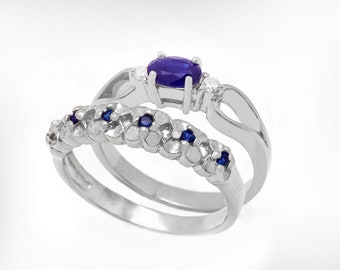 Sapphire & Diamonds Bridal Rings Set, 14k/ 18k White Gold Wedding rings set, Art Deco Sapphire Rings Set, Flowers Rings Set,