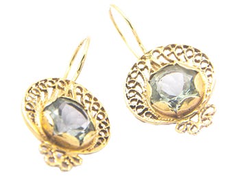Grüne Amethyst Goldohrringe, Filigraner Jugendstil, Vintage Schmuck