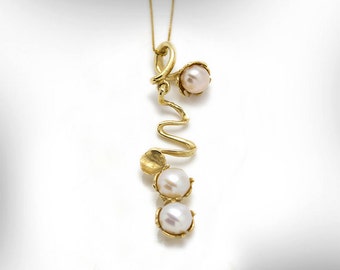 Süsswasserperlen Halskette, Elegante Perlen Halskette, Kleid Perlen Schmuck, weiße Perle und 14k Gold Anhänger Halskette, Echte Perlenkette