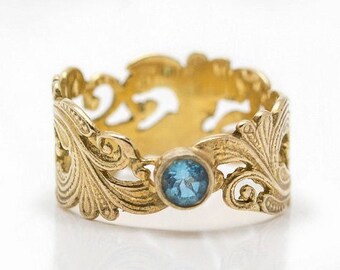 Unique Art Nouveau style Ring, Blue Topaz Ring, Vintage Gold Ring, Women December Birthstone Ring, 22K Gold Plated Silver Anniversary Ring.