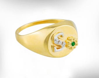 14k Gold Diamond Initial Signet Ring, Personalized Birthstone Ring