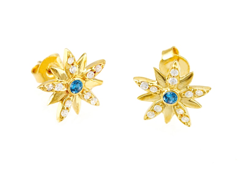 Women Blue-Topaz Birthstones Earrings, 14k Gold Star Studs