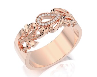 Unique Rose Gold Wedding Ring for Women, 14k 18k Solid Gold and Diamonds Vintage style Wedding Band, Bridal Wedding Ring. One of A Kind Band