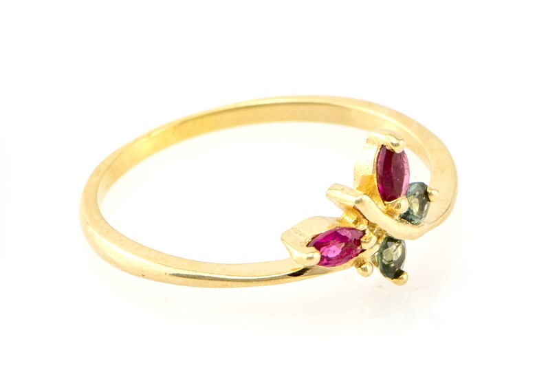 Anniversary Ring October Birthstones Ring Gift for Her Birthday Gift. Pink and Green Tourmaline Gemstones 9k Solid Gold butterfly Ring