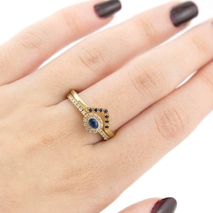 Sapphire Wedding Rings Set for Women, 14k / 18k Gold and Diamonds Bridal Rings Set, Vintage Wedding Ring Set, Diamonds Wedding Rings Set.