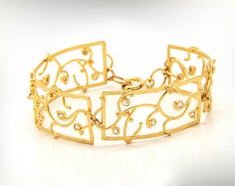 14k Gold Bracelet, Gold and Diamonds Bracelet For Women, Vintage Lace Bracelet, Anniversary Jewelry Gift, Wedding bracelet, impressive.