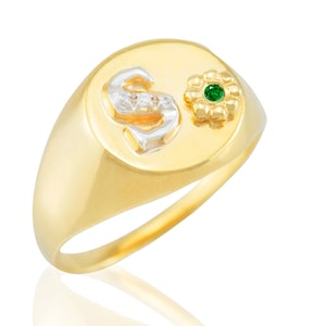 Anel de sinete de prata banhado a ouro feminino, anel de letra de diamantes, anel de alfabeto personalizado, anel de pedra de aniversário personalizado,