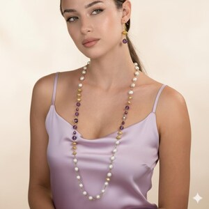 Women Jewelry Set: Pearl & Amethyst Gemstones Necklace and Dangle Earrings. image 4