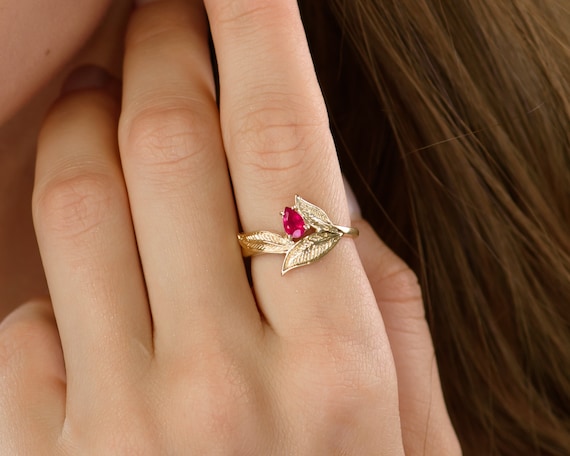 40TH Year Anniversary Ring for Wife Gold Leaves With Red Ruby Gemstone Delicate Unique 14k 18k Solid Gold Proposal Ring July Birthstone. Etsy