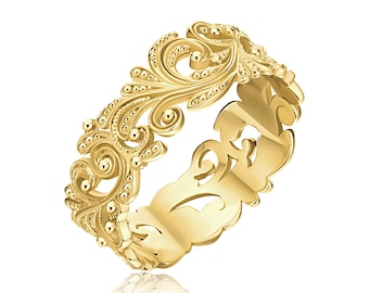Women Wedding Ring, Filigree Art Nouveau Unique 9k, 14k, 18k Solid Gold Band, One of a Kind Vintage style Bridal Ring.
