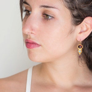 Vintage Style Women Gold Earrings, Garnet Art-Deco Dangle Earrings, January Birthstones Gift.