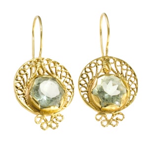 Green Amethyst Gemstones Earrings, Gold Dangle Earrings for Women, Filigree Vintage Lace Earrings, Statement Earrings Gift for Her.