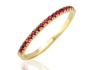 Ruby Wedding Band, 14k Gold Half Eternity Ring, Stackable Bridal Jewelry