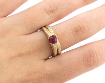Ruby Solitaire Diamond 14k Gold Filigree Wedding Ring Set