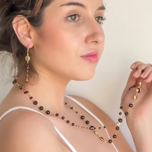 Garnet Jewelry Set, Gold Filled Necklace and Earrings, Garnet Dangle Earring, January Birthstones Gift, Anniversary Gift, Free Shipping