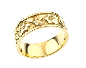 9k /14k Solid Gold Leaves and Flowers Art nouveau style Wedding Ring Women, Bridal Unique Vintage Wedding Band, Nature Inspired Ring for Her