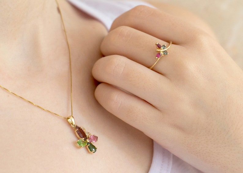 Anniversary Ring October Birthstones Ring Gift for Her Birthday Gift. Pink and Green Tourmaline Gemstones 9k Solid Gold butterfly Ring