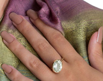 Green Amethyst Ring, 9k Gold Oval Statement Ring, Handmade