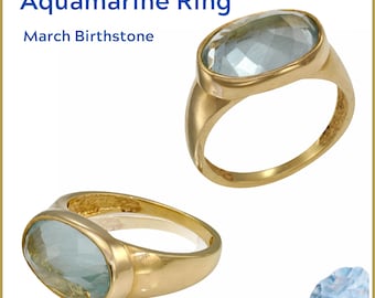 Handmade Aquamarine Statement Ring, March Birthstone, 24k Gold Vermeil, 9k/14k Solid Gold.
