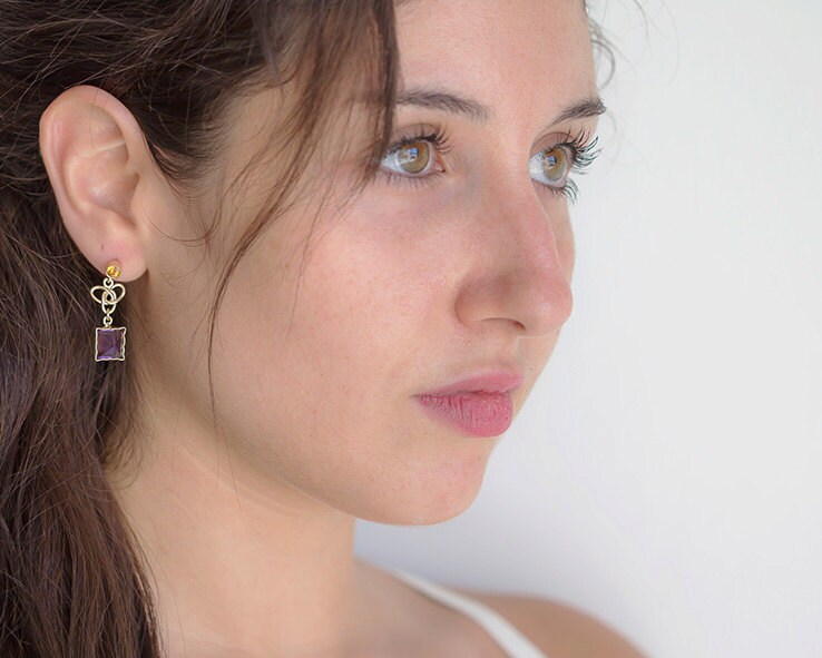 Gemstone Stud Earrings February Birthstone Earrings Gold | Etsy