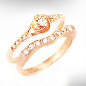 14k Rose Gold Wedding Rings Set, Art nouveau style diamonds Engagement Rings Set for Women, Flower engagement Ring and Stacking Wedding Band