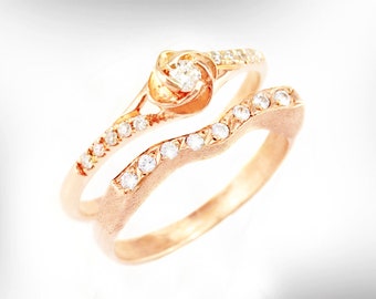 14k Rose Gold Wedding Rings Set, Art nouveau style diamonds Engagement Rings Set for Women, Flower engagement Ring and Stacking Wedding Band