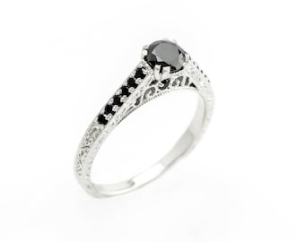 Vintage Art Deco Black Diamond Engagement Ring, 14k White Gold
