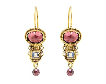 Vintage 9k Gold Garnet Dangle Earrings, Art Deco Style