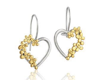 Silver 9k Gold Flower Heart Dangle Earrings, Handmade