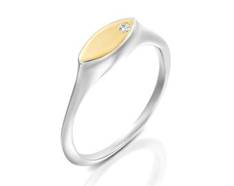 22k Gold Silber Pinky Ring, Diamant Siegel, personalisiertes Geschenk