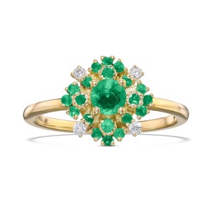 Emeralds & Diamonds Engagement Ring, 14k Solid Gold Flower Engagement Ring, Vintage Style Art Deco Ring, Unique Emeralds Bridal Ring.