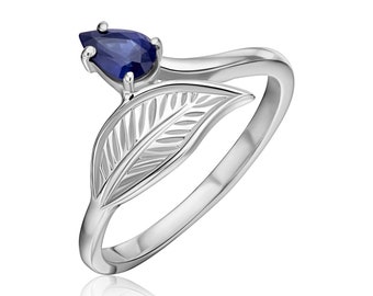 Silver Engagement ring, Natural Sapphire Leaf Ring for Women, Solitaire Gemstone Bridal Ring, Leaves Anniversary Ring Gift for Wife.