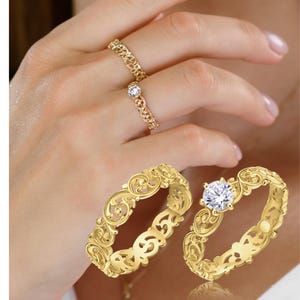 18k solid gold with diamond Bridal Rings Set, Art Nouveau Engagemnt Ring and Wedding Band for Women,  Unique Antique style Wedding Rings Set