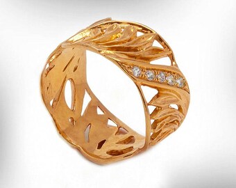 Rose Gold Diamond Wedding Band, Vintage Leaves Engagement Ring