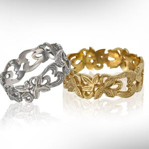 14k White Gold Mens Wedding Band, Vintage Floral Ring image 4