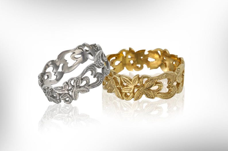 14k White Gold Mens Wedding Band, Vintage Floral Ring image 4