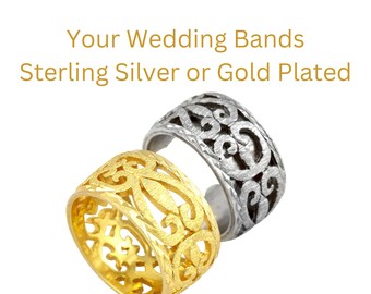 Wide Lace Wedding Band, Sterling Silver or Gold Plated Ring, Unisex Vintage Style
