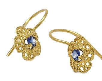 Blue Sapphire Filigree Earrings, Gemstone Earrings, Gold Flower Drops, Art nouveau Style Gold Earrings, September Birthstones Lace Earrings.