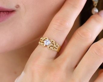 Art Nouveau Style Women Engagement Ring, Unique Antique style Bridal Ring, 9k, 14k, 18k Solid Gold With CZ or Diamond One of a Kind Ring.